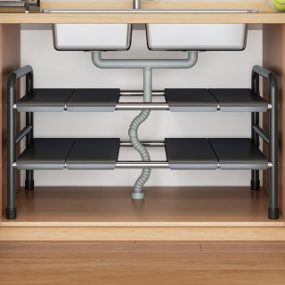 Raft organizator extensibil cu 2 rafturi Simply Joy  , cu 8 panouri detasabile, pentru casa, bucatarie, sub chiuveta, baie, dulap pantofi, balcon, Otel inoxidabil, Negru