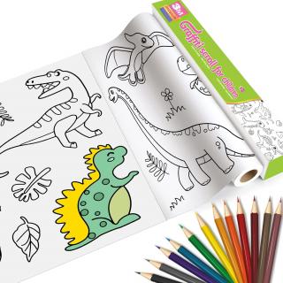 Rola de hartie auto-adeziva si decupabila pentru desenat si colorat, pentru copii cu 12 creioane colorate, Simply Joy  , se poate lipi pe Usi, Perete, Podea, 300x30 cm, Lumea dinozaurilor