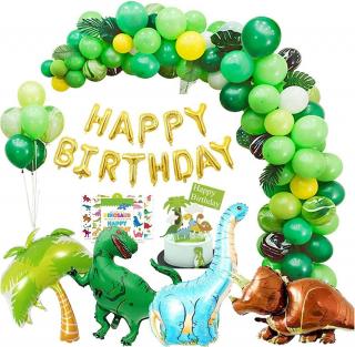 Set baloane si decoratiuni aniversare copii, Simply Joy, baloane cu dinozauri, La Multi Ani, pentru petrecerea copiilor cu tematica Dinozaur, 113 buc, Verde