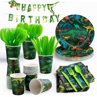 Set de accesorii petrecere aniversara, Simply Joy  , 145 Piese, Tematica Dinozauri, Banner , œHappy Birthday,  , Farfurii, Pahare, Servetele, Lingurite, Furculite, Cutite, Verde