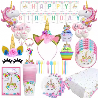 Set de baloane si accesorii petrecere aniversara, Simply Joy  , 164 Piese, Tematica Unicorn, Baloane, Banner , œHappy Birthday,  , Decor pentru tort, Farfurii, Pahare, Servetele, Lingurite, Furculite, Cuti