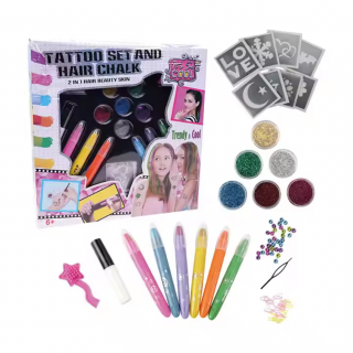 Set de infrumusetare pentru fete, Simply Joy  , cu creta pentru colorat parul si tatuaje temporare cu sclipici