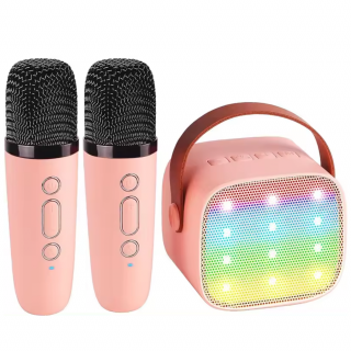 Set jucarie cu boxa portabila si 2 microfoane, Wireless, Bluetooth, Simply Joy, Karaoke, Copii si Adulti, Lumini LED RGB Dinamice, Roz