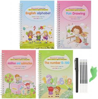 Set rechizite scolare cu 4 caiete de lucru COPYBOOK tip Sank Magic, alfabetul englez, numere, matematica, pictura si desen, multicolor, 19 cm X 13 cm + rezerve stilou magic