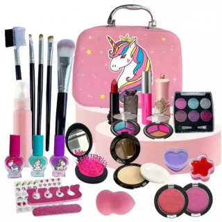 Trusa de machiaj pentru copii, Set Make-Up Simply Joy, cu 31 de elemente pentru make-up, rujuri, farduri, oja, Unicorn, geanta cu maner pentru transport, pentru fetite de 3,4,5,6,7,8,9 ani