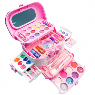 Trusa de machiaj pentru copii, Set Make-Up Simply Joy, cu 54 de elemente, rujuri, farduri, oja, geanta cu maner pentru transport, pentru fetite de 3, 4, 5, 6, 7, 8, 9 ani