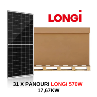Palet Panou solar Longi 570W, 17,67 KW, 31 X Panou solar Longi 570W Hi-MO6 fotovoltaic monocristalin, LR5-72HTH 565 585M, 570W Taxa verde inclusa