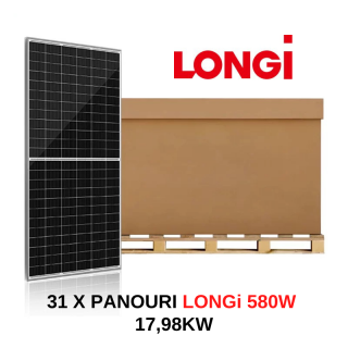 Palet Panou solar Longi 580W, 17,98 KW, 31 X Panou solar Longi 580W Hi-MO6 fotovoltaic monocristalin, LR5-72HTH 565 585M, 580W Taxa verde inclusa