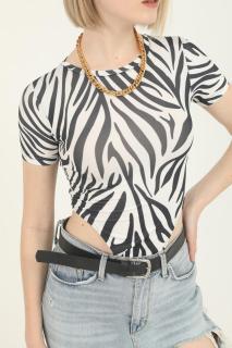 Body dama, imprimeu Animal print-Zebra, cu maneca scurta, top elastic, Alb Negru