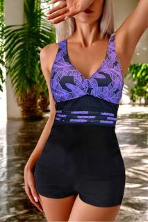 Costum baie intreg dama, efect modelator, cu pantalon scurt, negru mov palms lm052