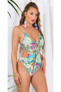 Costum baie intreg dama, imprimeu tropical, decupaj in fata, multicolor