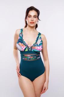 Costum baie intreg, marime mare cu efect modelator, verde, dama, Tropical embody love