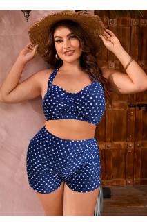 Costum de baie 2 piese, marime mare, cu slipi tip pantaloni scurti, sutien bustiera, negru, Dots