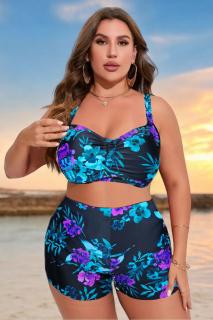 Costum de baie 2 piese, marime mare, cu slipi tip pantaloni scurti, sutien bustiera, negru turcoaz 5006