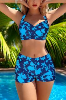 Costum de baie 2 piese, marime mare, slipi pantaloni scurti, sutien bustiera, aqua blue flowers 5006