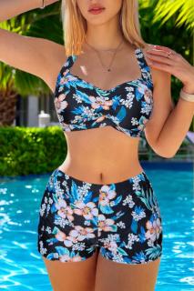 Costum de baie 2 piese, marime mare, slipi pantaloni scurti, sutien bustiera, floral marin 5006