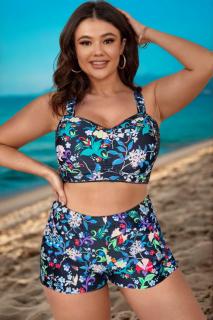 Costum de baie 2 piese, marime mare, slipi pantaloni scurti, sutien bustiera, negru floral, 5006