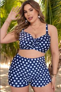 Costum de baie 2 piese, marime mare, slipi tip pantaloni scurti, sutien bustiera, bleumarin dots 7128