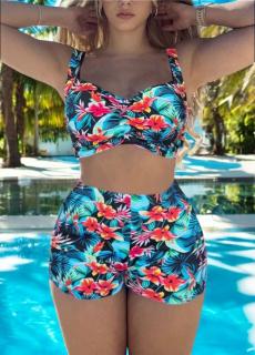 Costum de baie 2 piese, marime mare, slipi tip pantaloni scurti, sutien bustiera, multicolor 2416