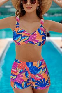 Costum de baie 2 piese, marime mare, slipi tip pantaloni scurti, sutien bustiera, orange flowers 5006