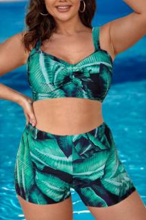 Costum de baie 2 piese, marime mare, slipi tip pantaloni scurti, sutien bustiera, palms verde 7128