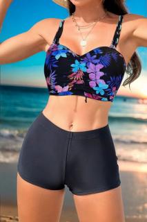 Costum de baie 2 piese, slip tip pantaloni scurti, sutien bustiera, negru bleu floral 5004
