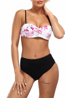 Costum de baie cu talie inalta,negru,cu sutien floral push-up si slip clasic, Tropical dream