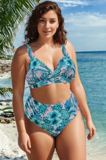 Costum de baie dama, 2 piese, marime mare, slip talie inalta, albastru, Pineapple