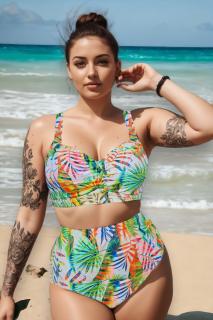 Costum de baie dama, 2 piese, marime mare, slip talie inalta, multicolor, exotic Flowers