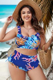 Costum de baie dama, 2 piese, marime mare, slip talie inalta, multicolor, Palms