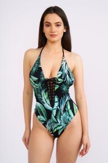 Costum de baie dama intreg, imprimeu tropical, snur reglabil, verde inchis, dama, Exotic Black