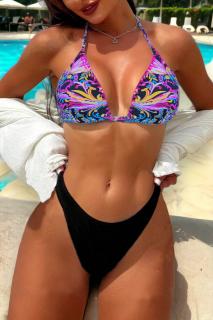 Costum de baie din 2 piese, slip brazilian cu incretitura, sutien cu snur reglabil, negru, Malibu lm036