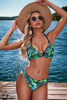 Costum de baie din 2 piese, slip brazilian cu snur, imprimeu tropical, verde