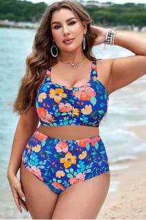 Costum de baie doua piese, marime mare, sutien bustiera, tropical, bleumarin