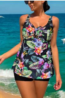 Costum de baie marime mare, tankini, 2 piese, fusta si pantaloni scurti, multicolor summer palms w139