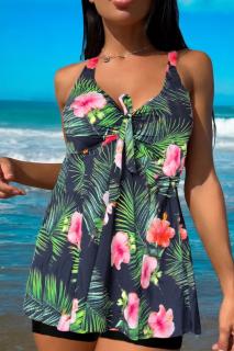 Costum de baie marime mare, tankini, 2 piese, fusta si pantaloni scurti, ocean flowers w139