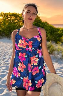 Costum de baie marime mare, tankini, 2 piese, fusta si pantaloni scurti, red summer flowers f2501