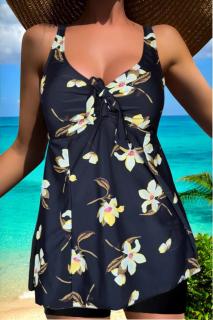 Costum de baie marime mare, tankini, 2 piese, fusta si pantaloni scurti, yellow flowers w139