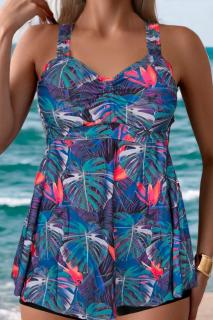 Costum de baie marime mare tip tankini, doua piese, fusta si pantaloni scurti, multicolor, Myra