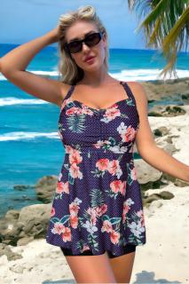 Costum de baie marime mare tip tankini, doua piese, fusta si pantaloni scurti, multicolor, Summer rose