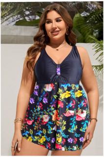 Costum de baie marime mare tip tankini, doua piese, fusta si pantaloni scurti, multicolor, Tropical flower w110