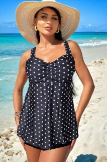 Costum de baie marime mare tip tankini, doua piese, fusta si pantaloni scurti, negru, Dots