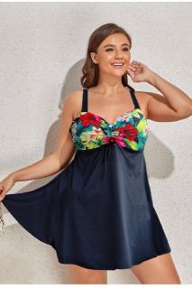 Costum de baie marime mare tip tankini, doua piese, fusta si pantaloni scurti, negru, Iris