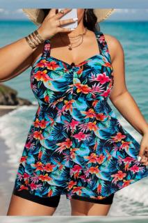 Costum de baie marime mare tip tankini, doua piese, rochita si pantaloni scurti, multicolor, Exotic 2421
