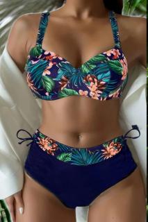 Costume de baie 2 piese, slip clasic, marime mare, bleumarin floral