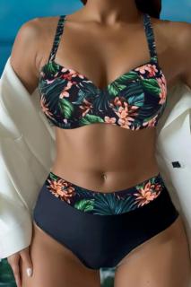 Costume de baie 2 piese, slip clasic, marime mare, negru floral 39209