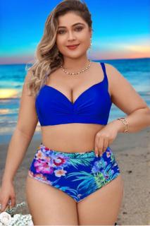 Costume de baie din 2 piese, slip clasic, marime mare, cupe voluminoase, albastru floral 2319