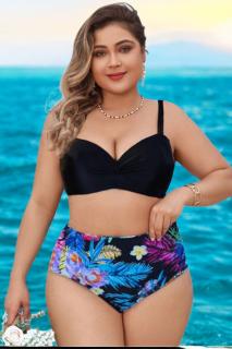 Costume de baie din 2 piese, slip clasic, marime mare, cupe voluminoase, negru floral, 2319