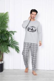 Pijama barbat bumbac vatuit, marime mare, maneci si pantaloni lungi, road car, gri deschis 14702