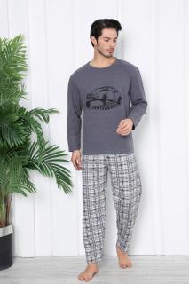 Pijama barbat bumbac vatuit, marime mare, maneci si pantaloni lungi, road car, gri inchis 14702